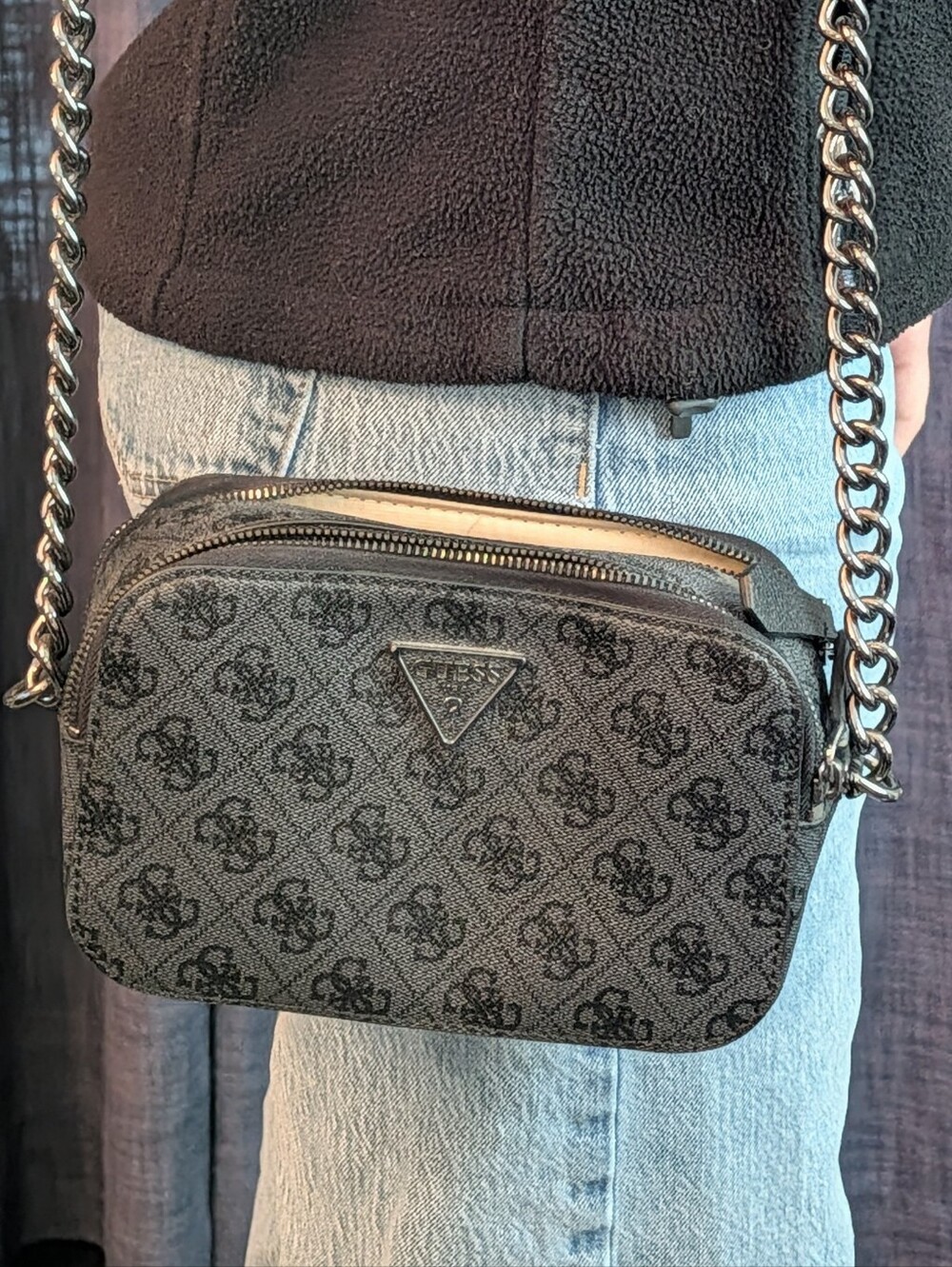 Guess Black Grey Logo Crossbody with Chain Strap